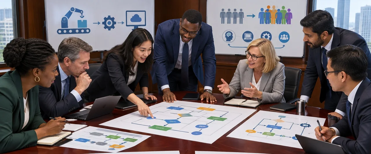 A leadership team around a boardroom table, arguing over a process diagram spread out in front of them