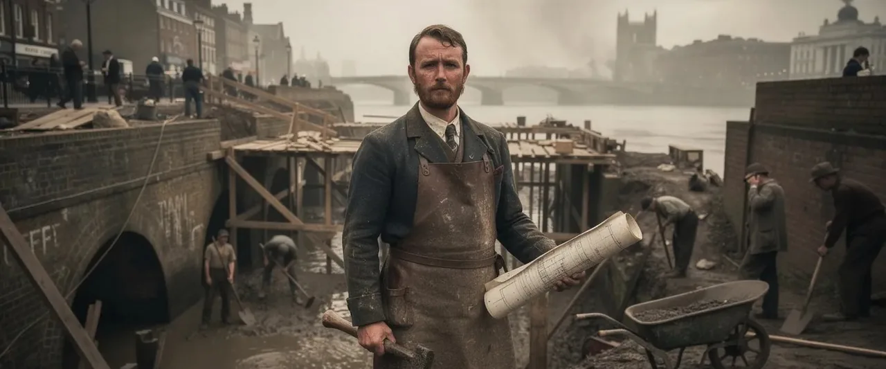Workers building London's new sewers on the Thames embankment in the 1850s, an engineer in the foreground holding rolled drawings
