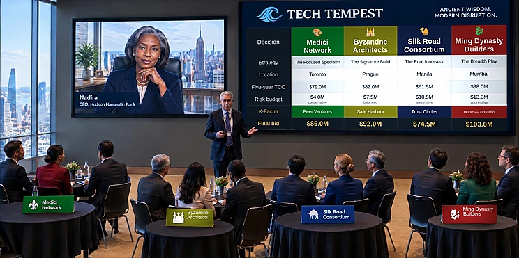 A Tech Tempest session in progress: the Medici Network, Byzantine Architects, Silk Road Consortium and Ming Dynasty Builders at their tables with name cards, a facilitator presenting, the client bank CEO on screen, and the live scoreboard comparing each team's strategy, location, five-year TCO, risk budget, X-Factor and final bid